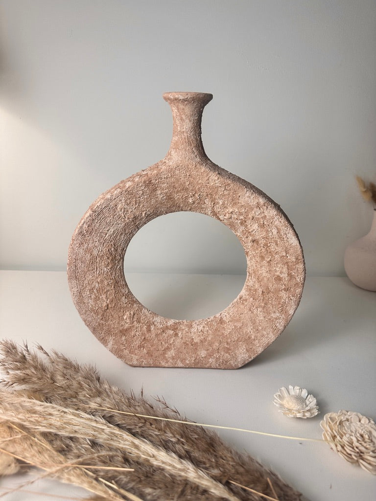 Terracotta Hand-Painted Textured Donut Metal Vase 12" tall