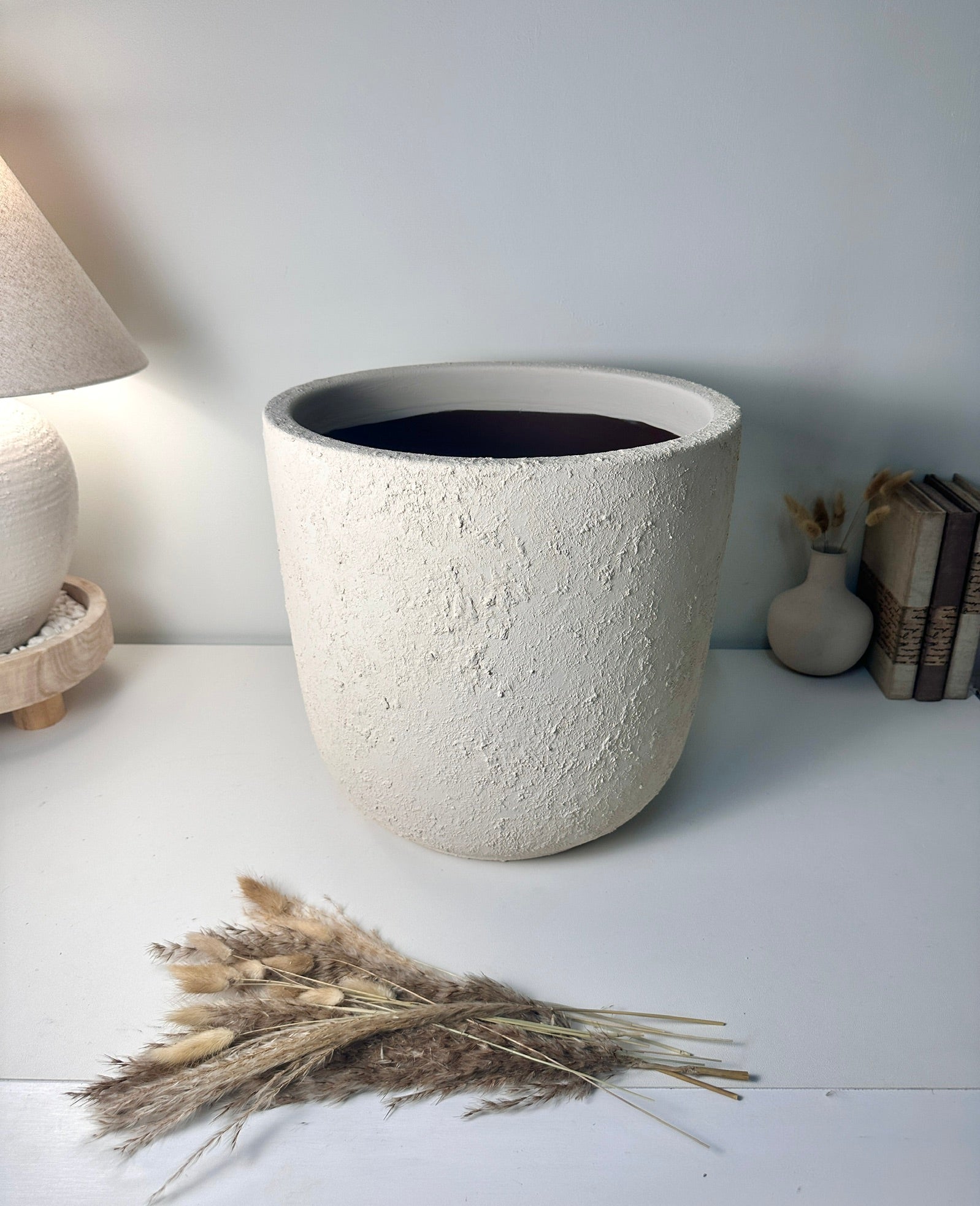 Minimalist Hand-Painted & Textured Planter Pot 14" tall with drainage hole one time creation - Cream