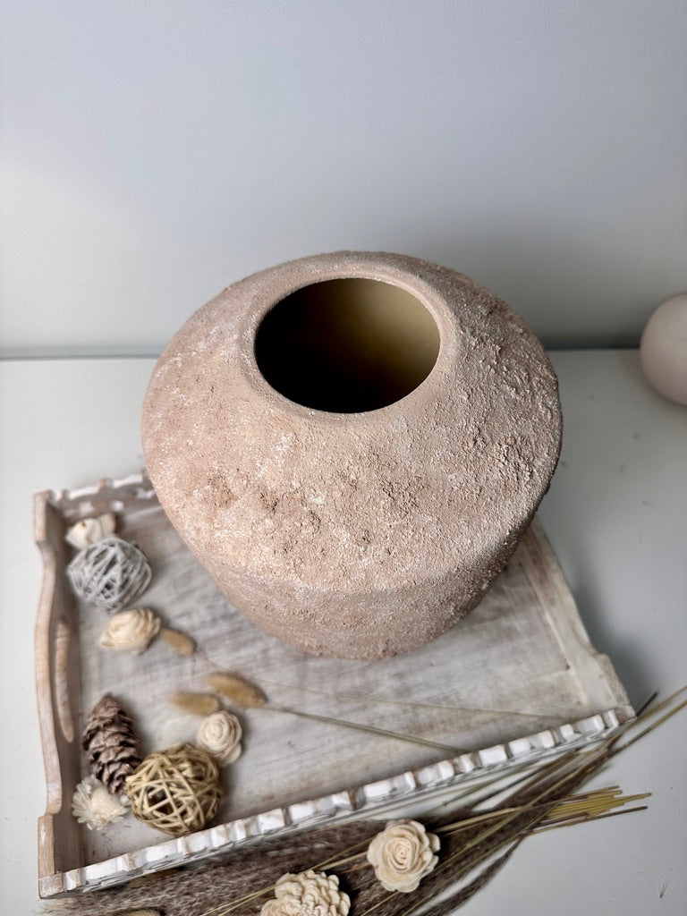 Rustic Minimalist Textured Hand-Painted Ceramic Vase 12" - Light Beige Wash