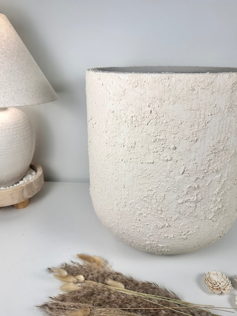 Minimalist Hand-Painted & Textured Planter Pot 17.5" tall with drainage hole one time creation - cream