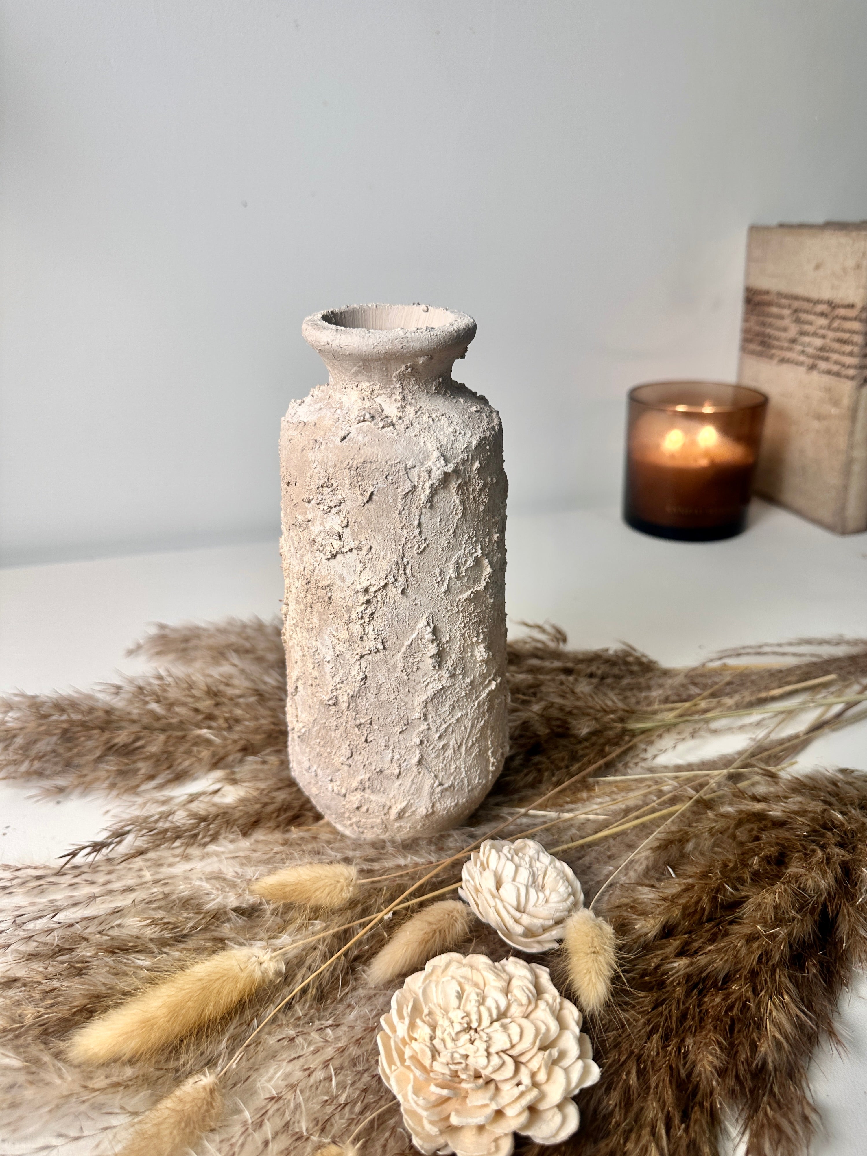 Minimalist rustic hand-painted textured small vase 8“ tall- Cream Sand wash