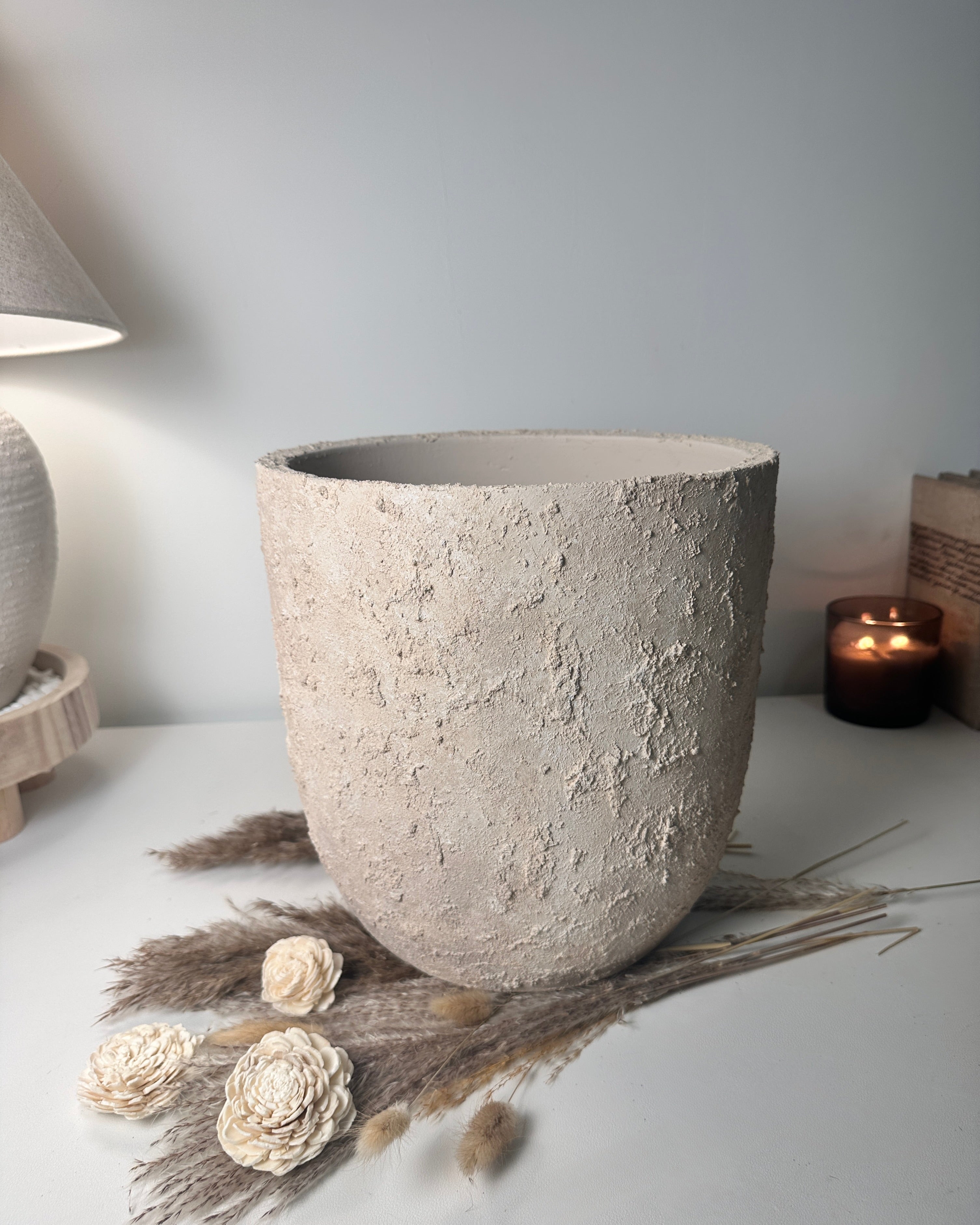 9" tall Minimalist Hand-Painted & Textured Planter Pot with drainage hole - Sand wash