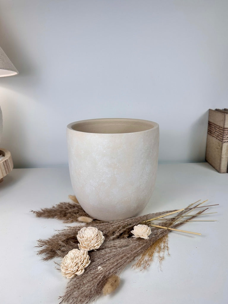 9" tall Minimalist Hand-Painted & Textured Planter Pot with drainage hole - Sand wash