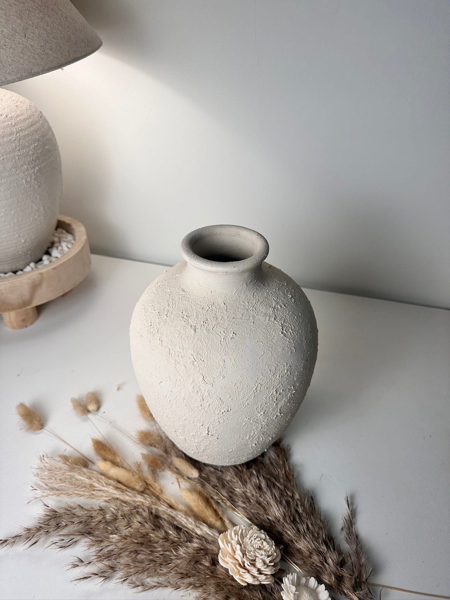 Minimalist Hand-Painted and Textured Ceramic Vase 10” tall - Cream