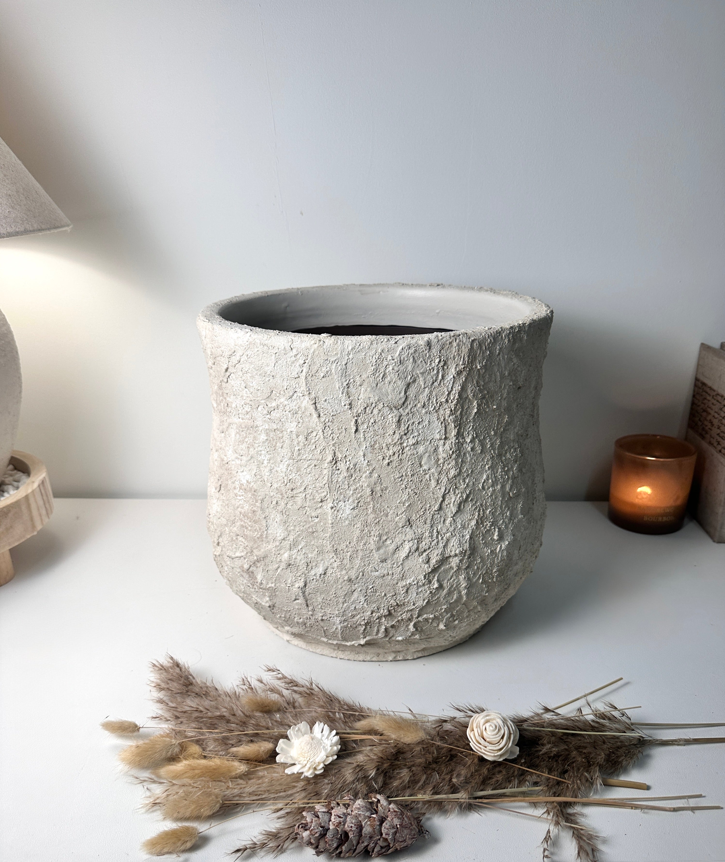 Minimalist Hand-Painted & Textured Planter Pot 12" tall with drainage hole one time creation - Cream Linen wash