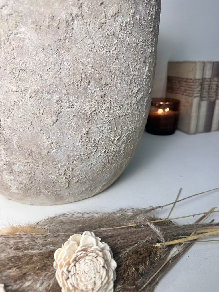 13.5" tall Minimalist Hand-Painted & Textured Planter Pot with drainage hole - French Beige