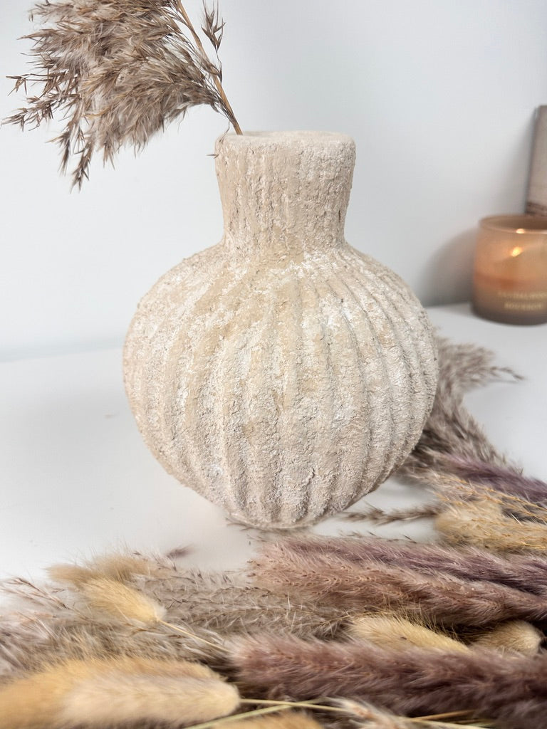 Rustic Minimalist Textured Hand-painted Ceramic Vase 8" tall - Beige Sand Washed