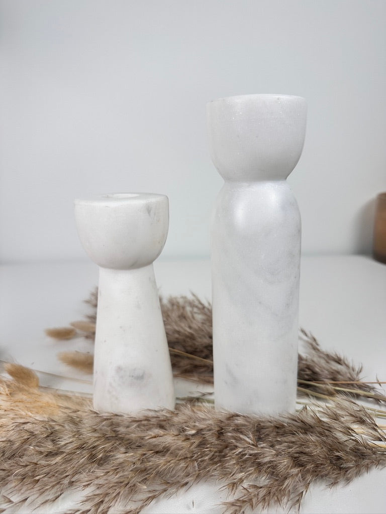 Set of 2 Marble Candle Holders (6x2x2" 8x2x2")  - White