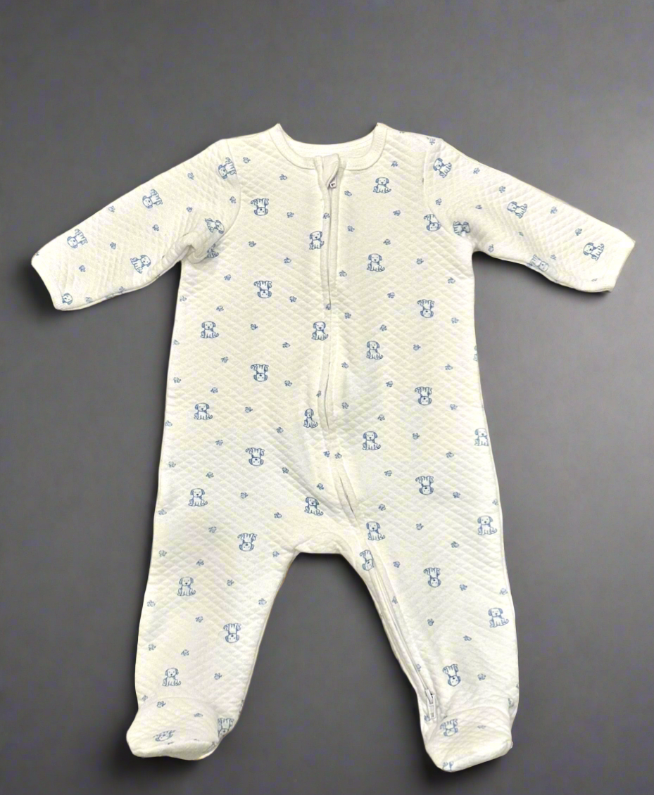 Baby Quilted Sleeper Footie Romper, White with Blue Bear Print, 6 Months