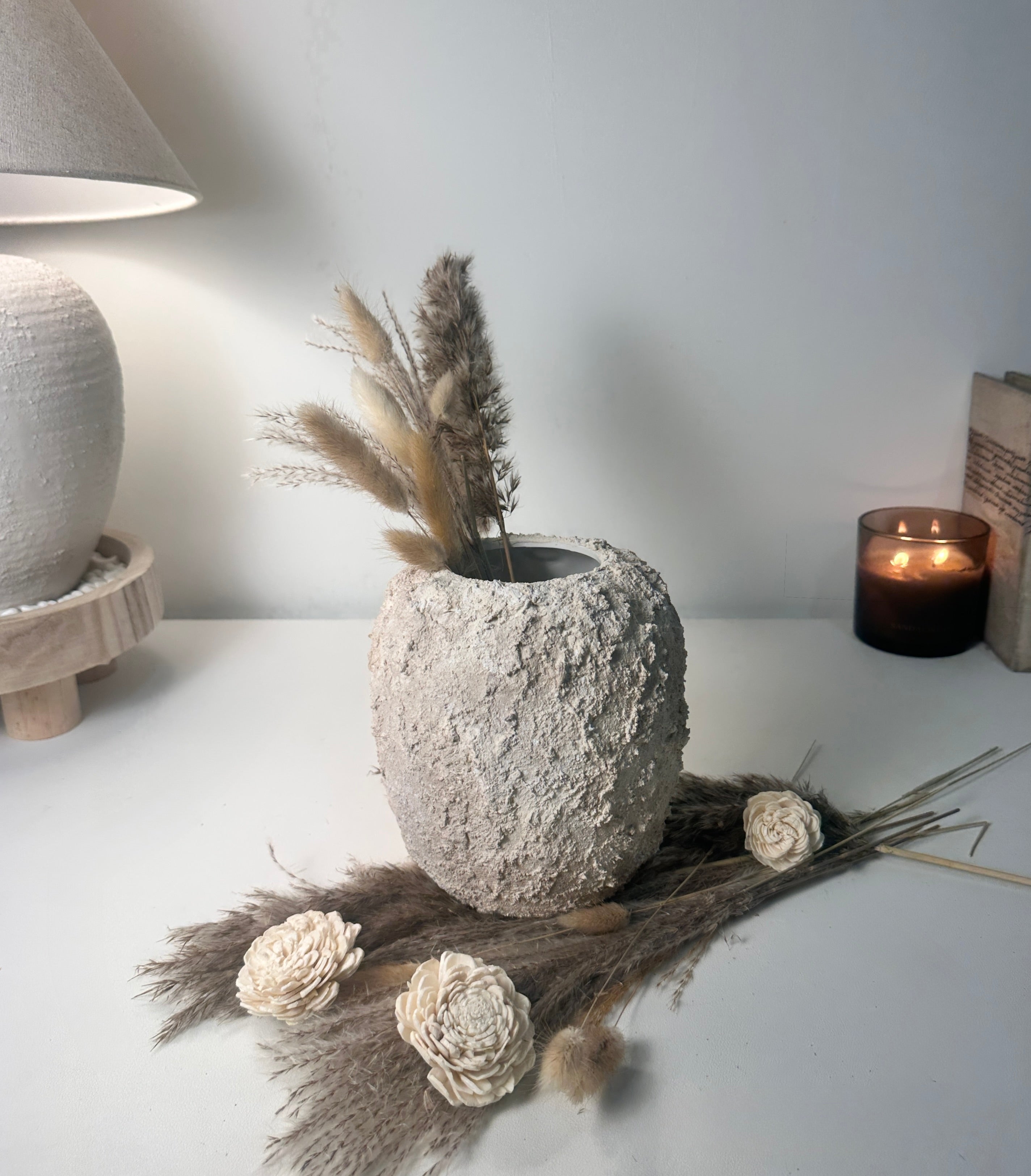 Minimalist Hand-Painted Textured Ceramic Round Vase 7" tall - cream sand wash