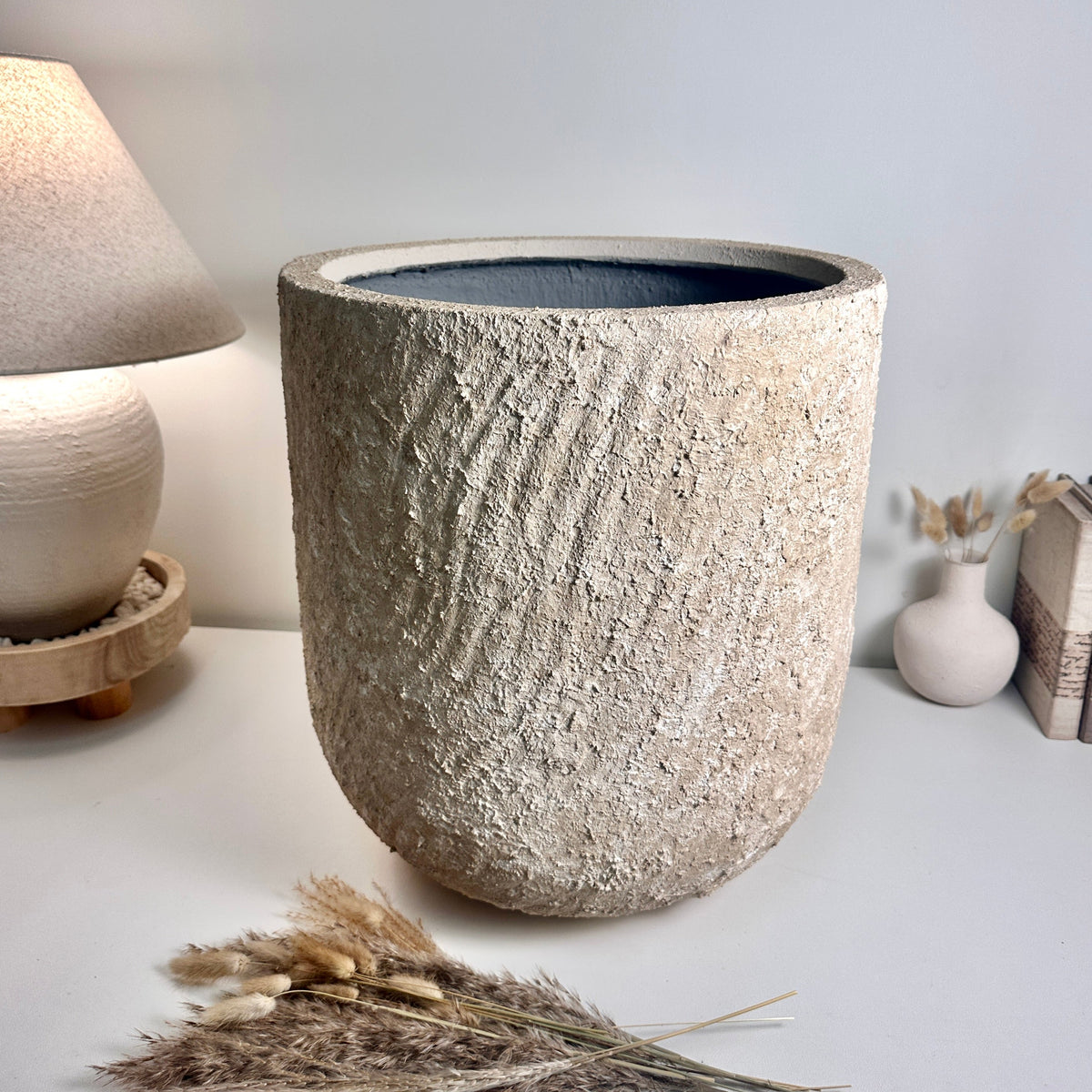 Minimalist Hand-Painted & Textured Planter Pot 17.5" tall with drainage hole one time creation - cream sand washed