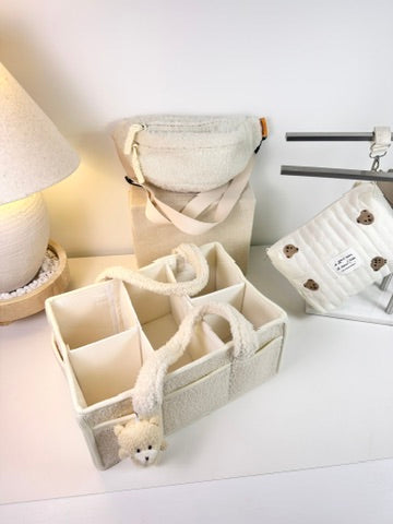Set of 3 Crossbody Bag, Pouch Full Bears and Caddy Diaper Bag for Baby Essentials - Cream