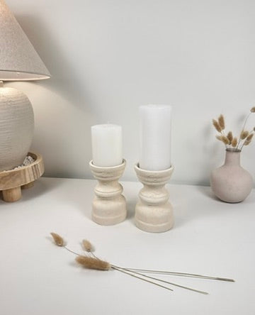 Set of 2 Candle Holders Minimalist Style Hand-Painted and Textured Wood 6" tall each - Cream White