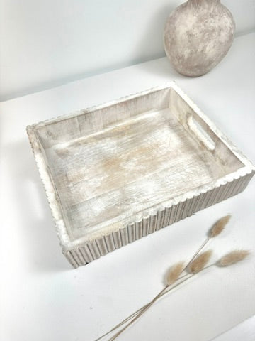 Boho Handmade Serving Wooden Tray Whitewash Finish with Stripes 12x10x2.5”