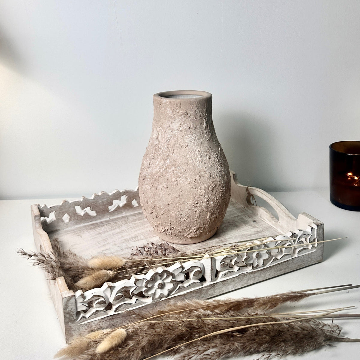 Rustic Ceramic Vase Textured Hand-Painted 10" tall - Light Beige Wash