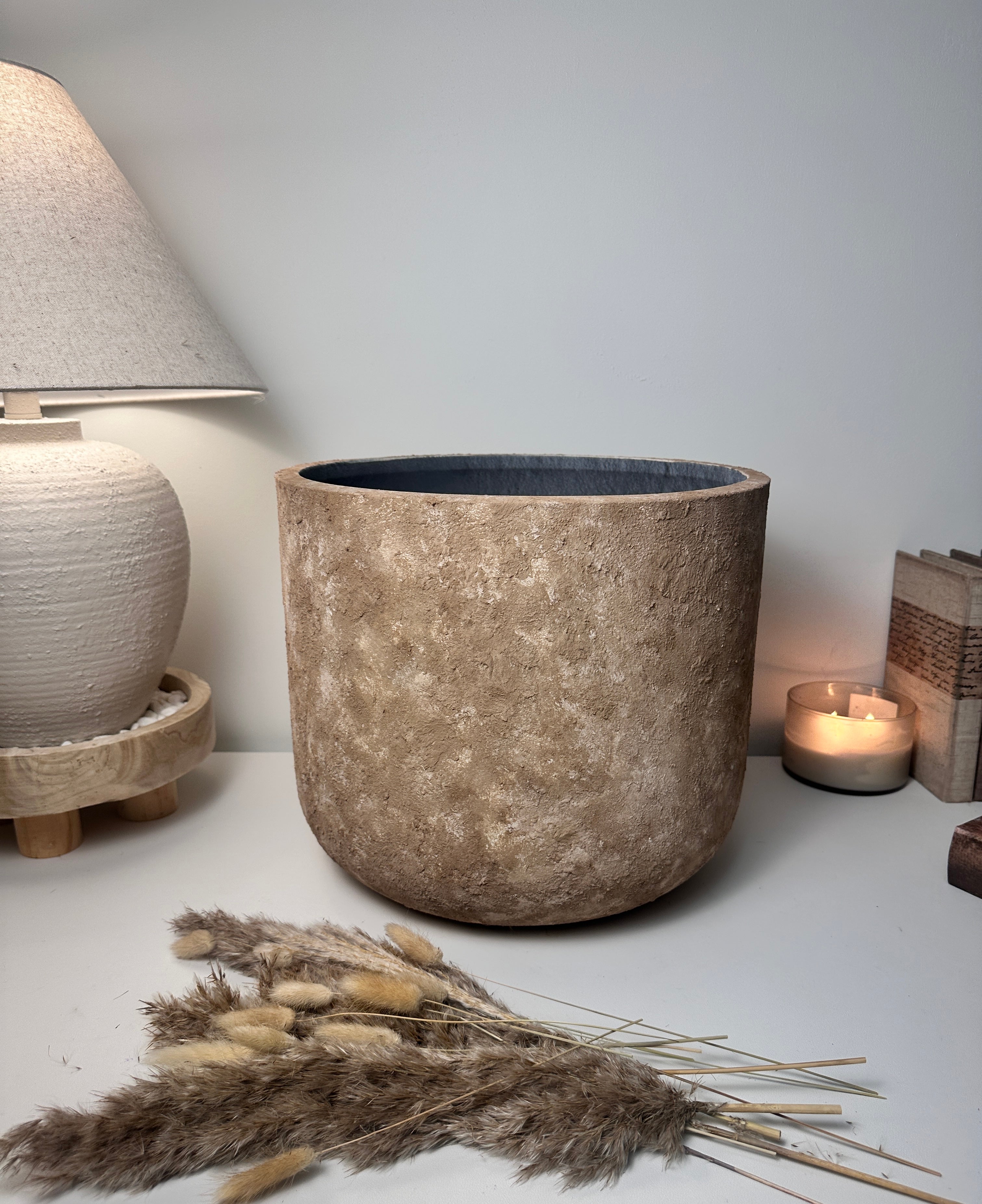 Rustic Hand-Painted & Textured Planter 12" tall with drainage hole one time creation - Brown washed