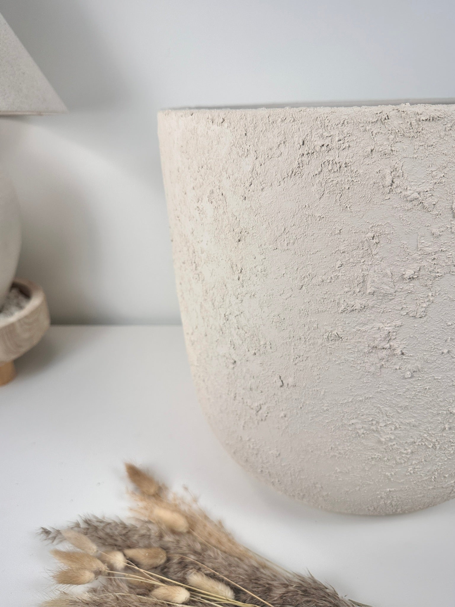 Minimalist Hand-Painted & Textured Planter Pot 14" tall with drainage hole one time creation - Cream