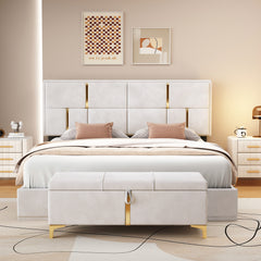 2-Pieces Bedroom Sets: Queen Size Upholstered Platform Bed + Storage Ottoman - Beige
