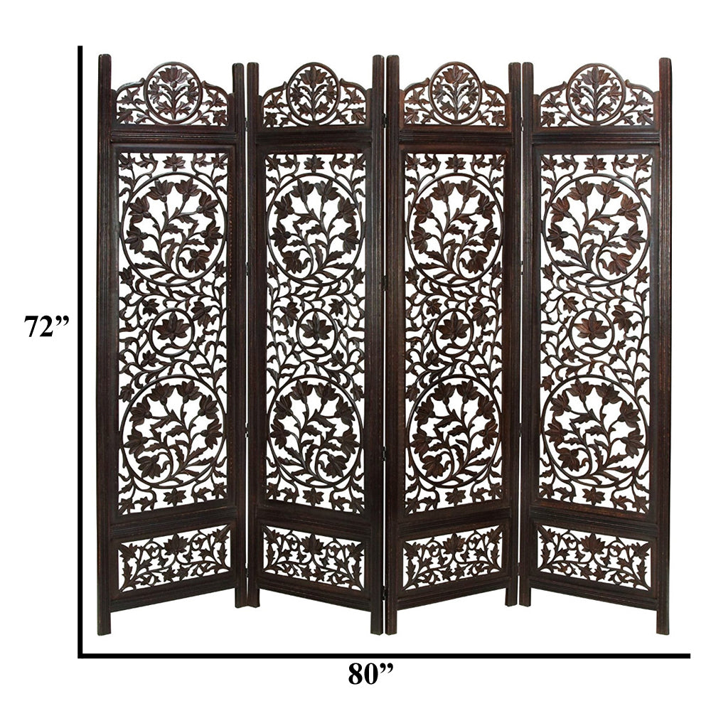 Handcrafted Wooden 4 Panel Room Divider Screen Featuring Lotus Pattern Reversible