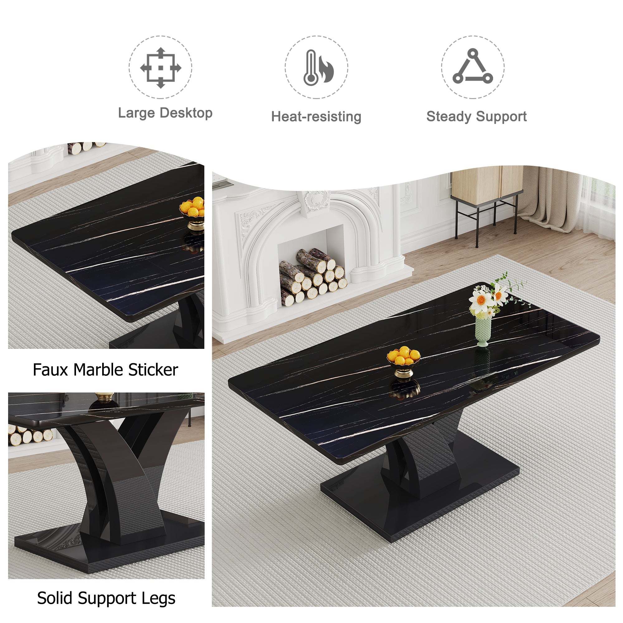 Modern Dining Table, Black Desktop and Black MDF Leg