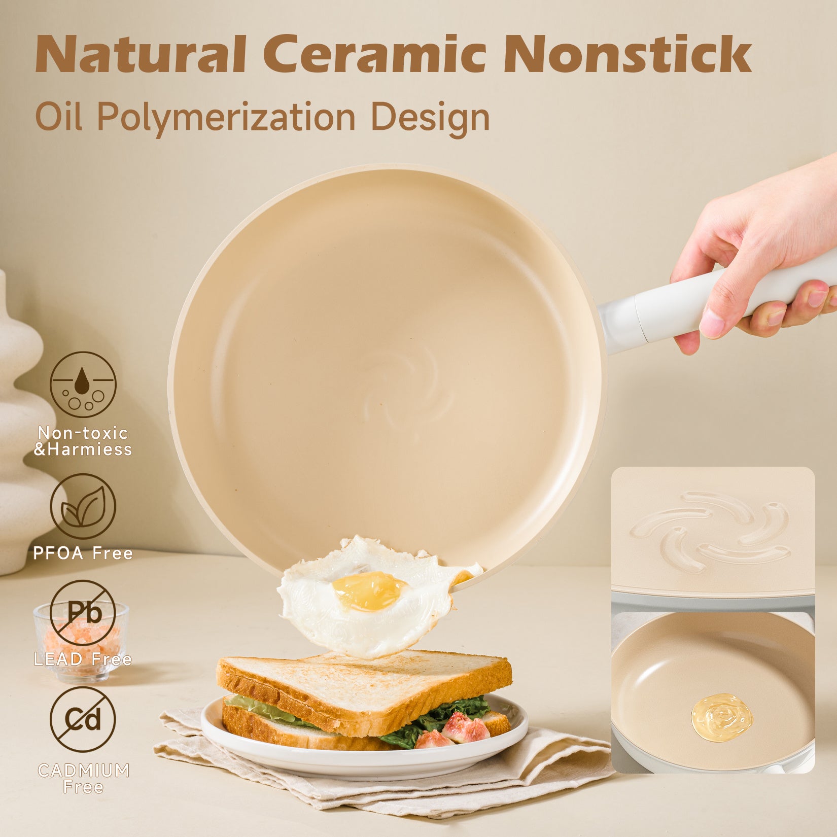 Ceramic Cookware Sets, Pots And Pans Set Non Stick, Healthy Induction Kitchen Cooking Set With Removable Handles, Stackable Pots Pans, Oven Safe, PFOA,PFOS Free, Beige