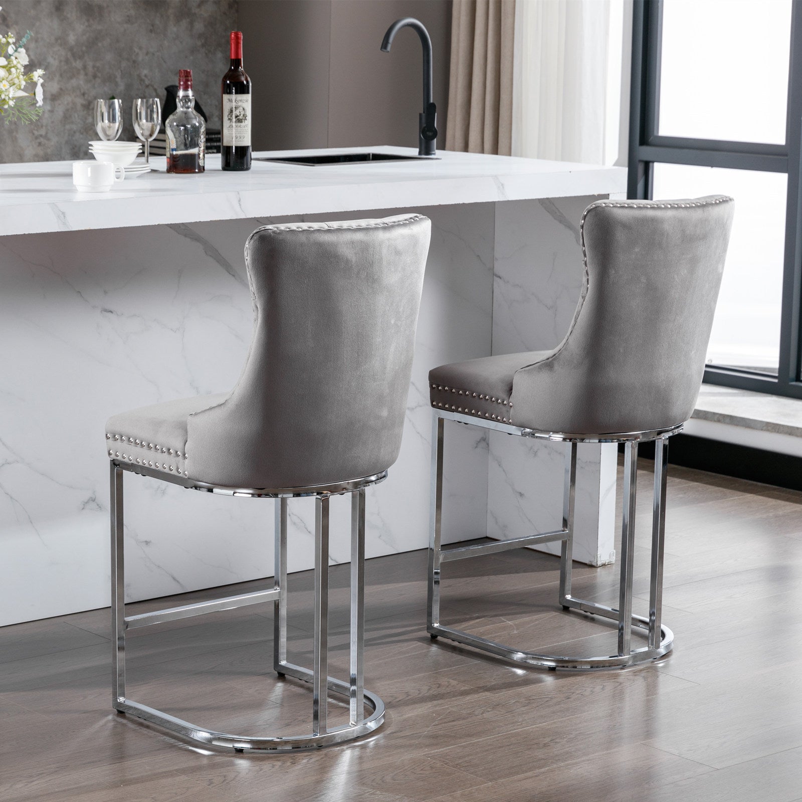 Set of 2, 26" Counter Height Modern Velvet Barstools with Button Back&Rivet Trim Upholstered Kitchen Island Chairs with Sturdy Chromed Metal Base Legs Farmhouse - Gray