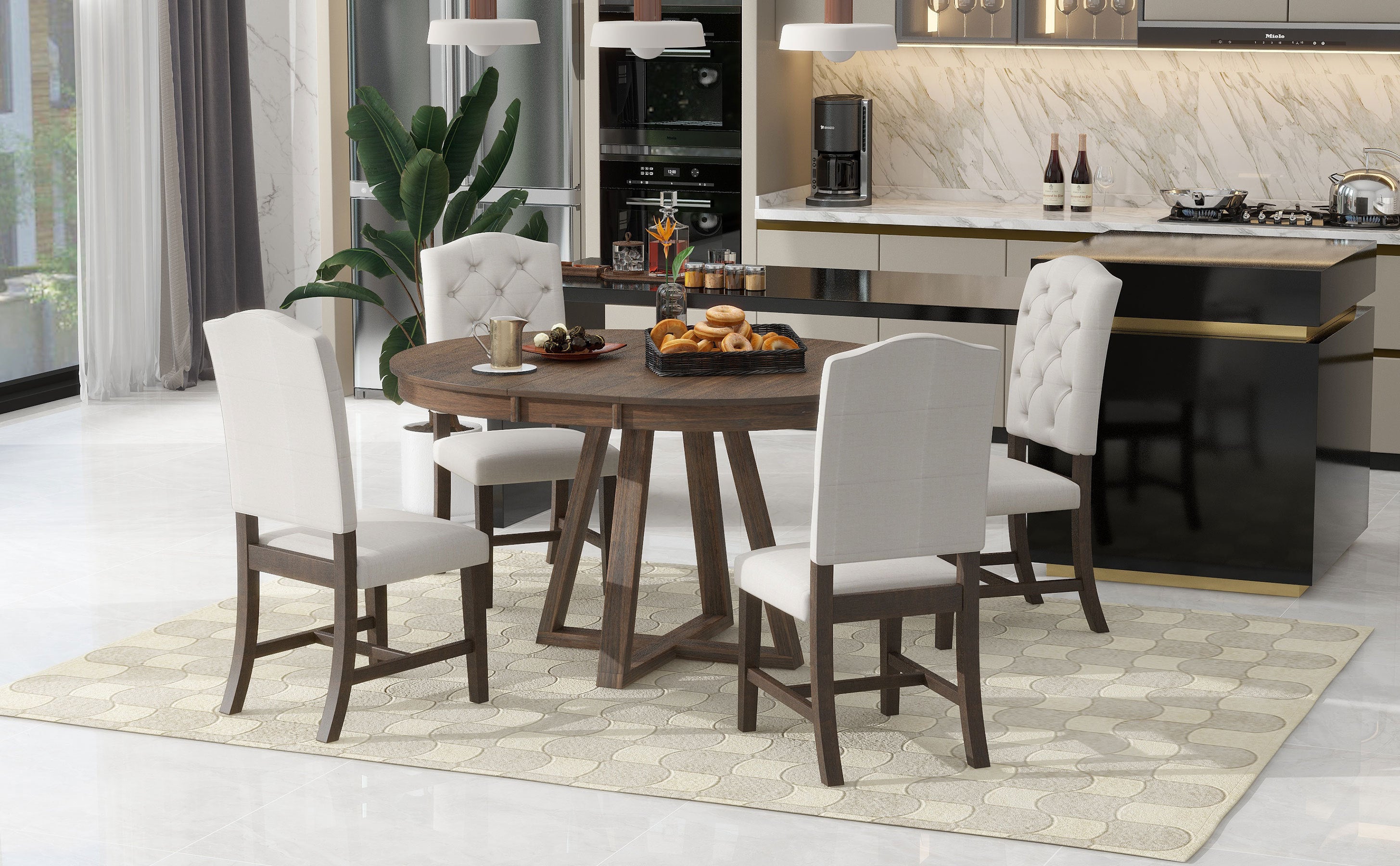 5-Piece Retro Functional Dining Set, Round Table with a 16"W Leaf and 4 Upholstered Chairs - Walnut