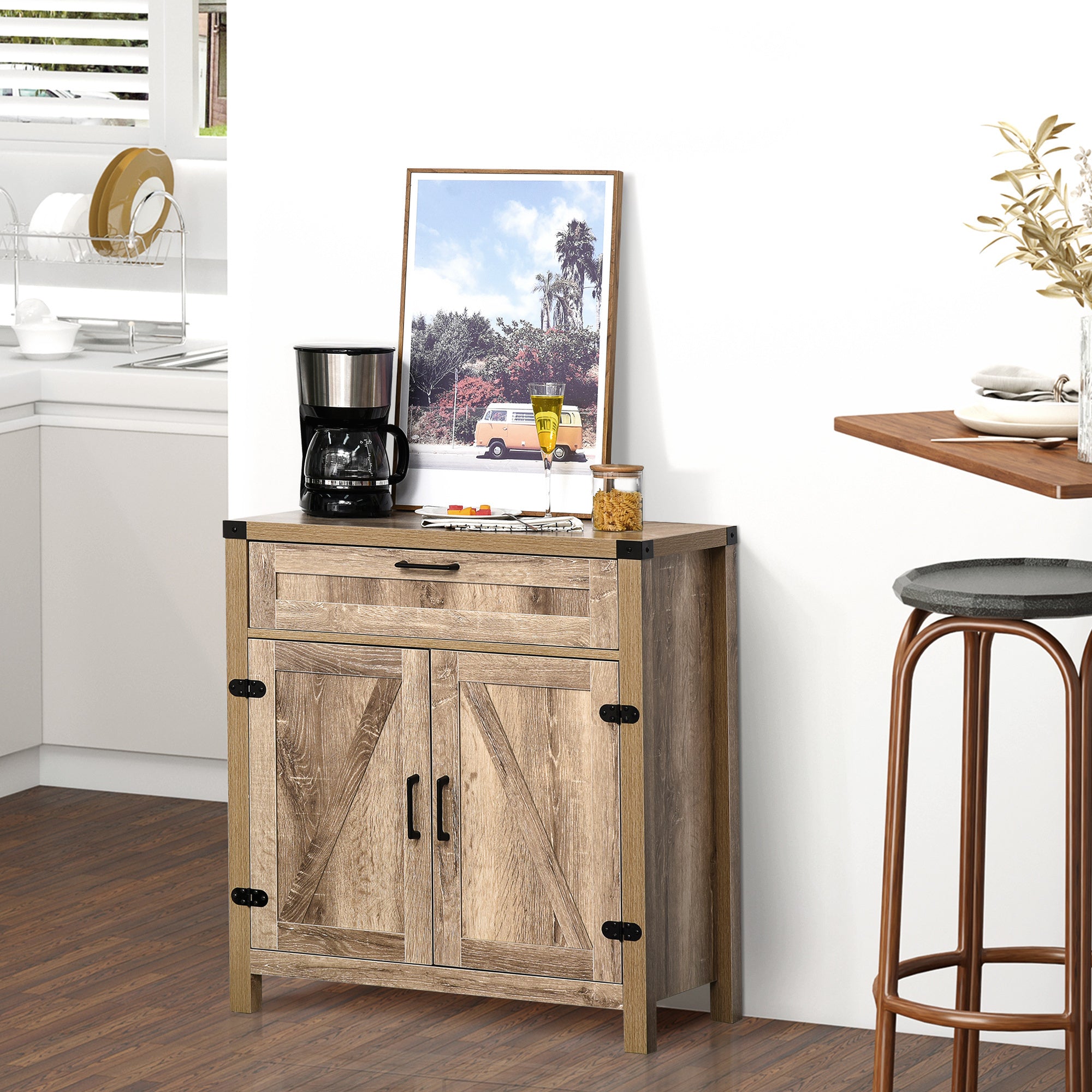 Farmhouse Sideboard Buffet Cabinet with Drawer and Adjustable Shelf - Oak