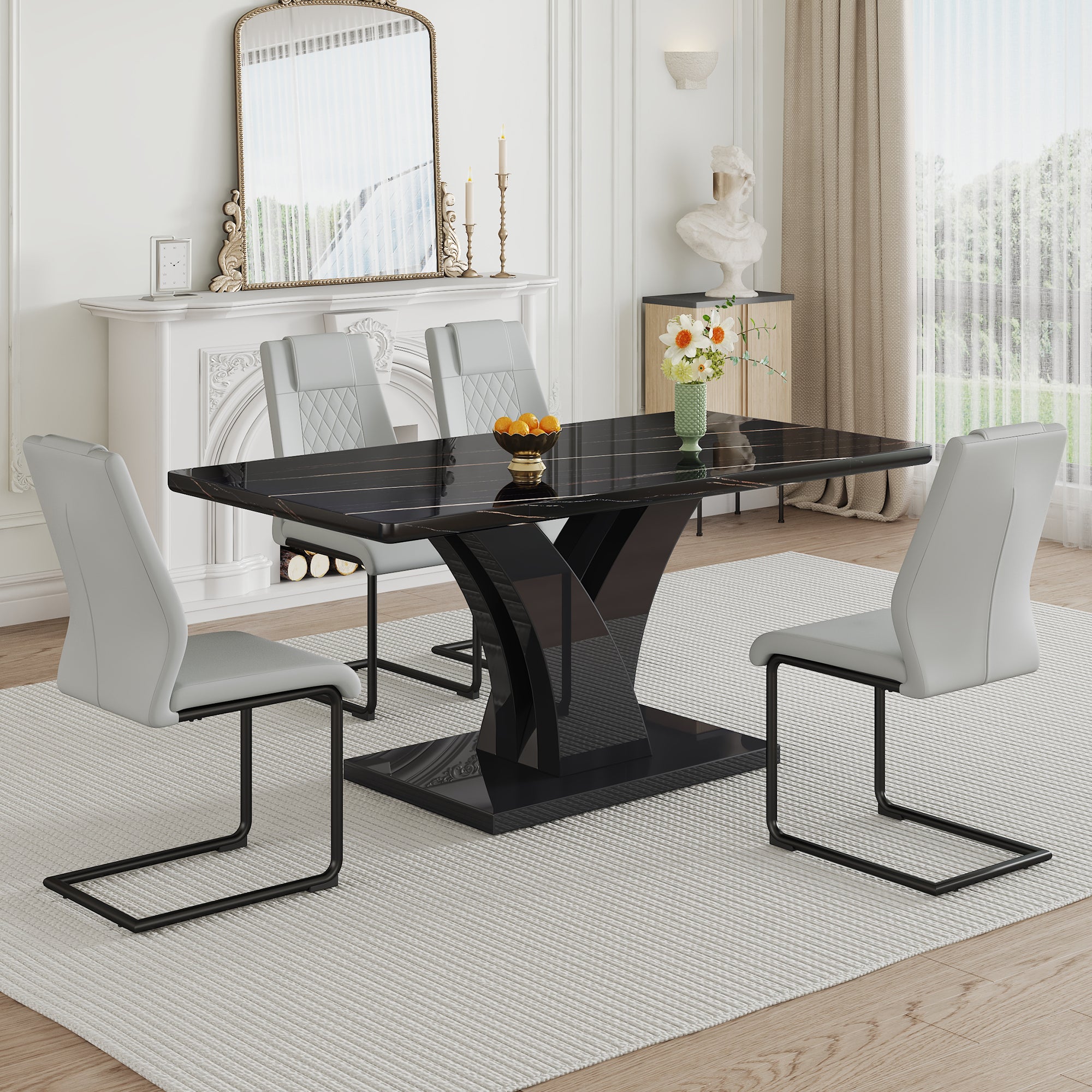 Modern Dining Table, Black Desktop and Black MDF Leg