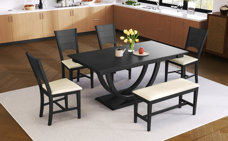 6-Piece Wood Half Round Dining Table Set with Long Bench and 4 Dining Chairs - Grey