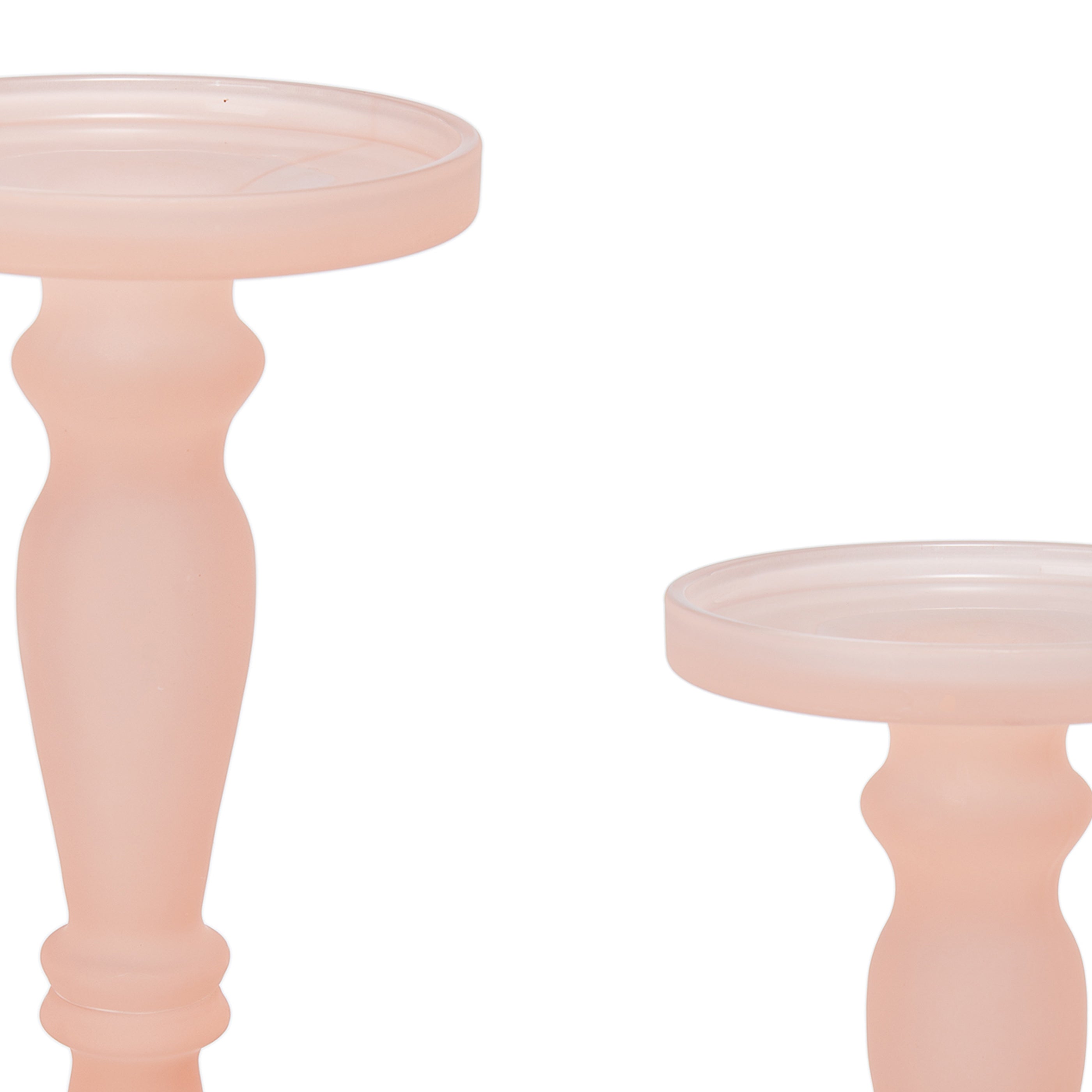 Set of 2 Candle Holders, Rose Pink Turned Pedestal Glass