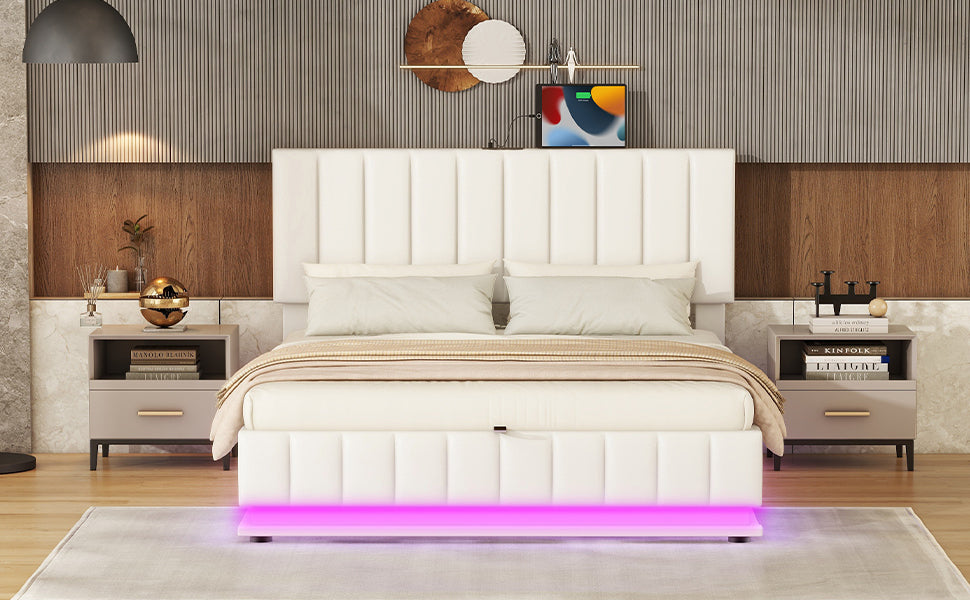 Queen Size Upholstered Bed with Hydraulic Storage System and LED Light, Modern Platform Bed with Sockets and USB Ports - White