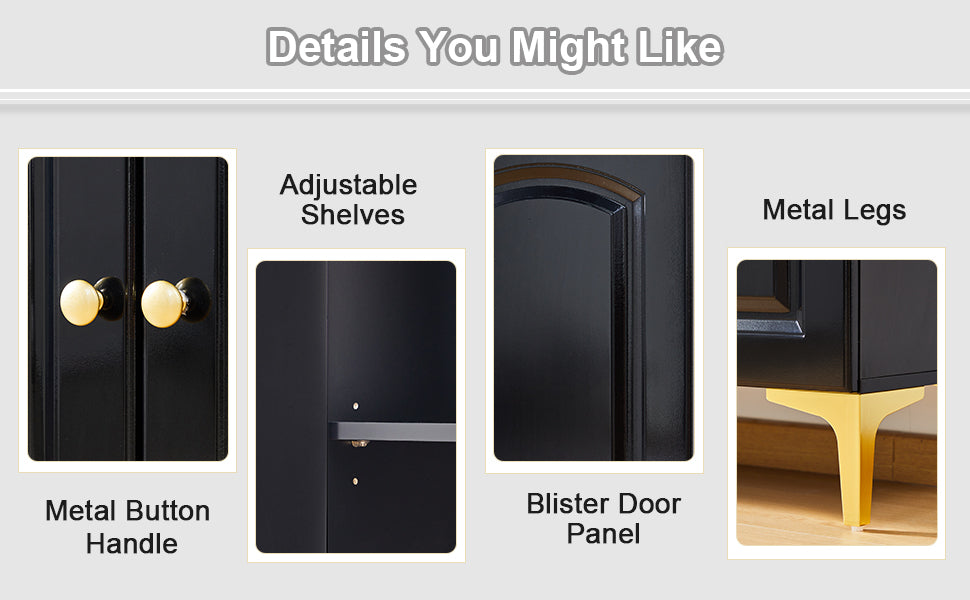 Buffet Sideboard 4 Doors Accent Storage Cabinet, Mid Century Modern Buffet Table with Adjustable Shelf - Black