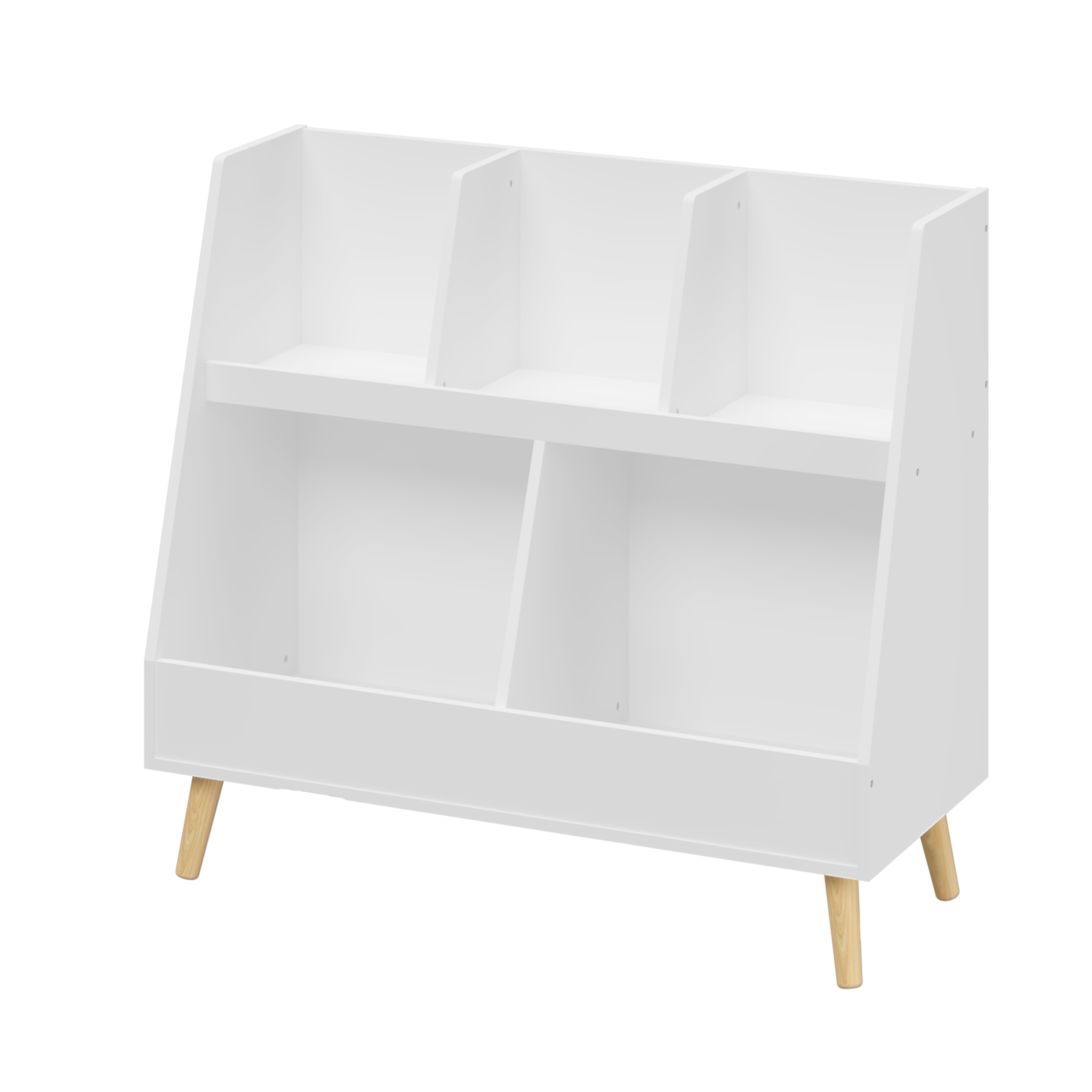 Kids Bookshelf and Toy Organizer, 5 Cubbies Wooden Open Bookcase, 2-Tier Baby Storage Display Organizer with Legs, Free Standing for Playing Room, Bedroom, Nursery, Classroom - White