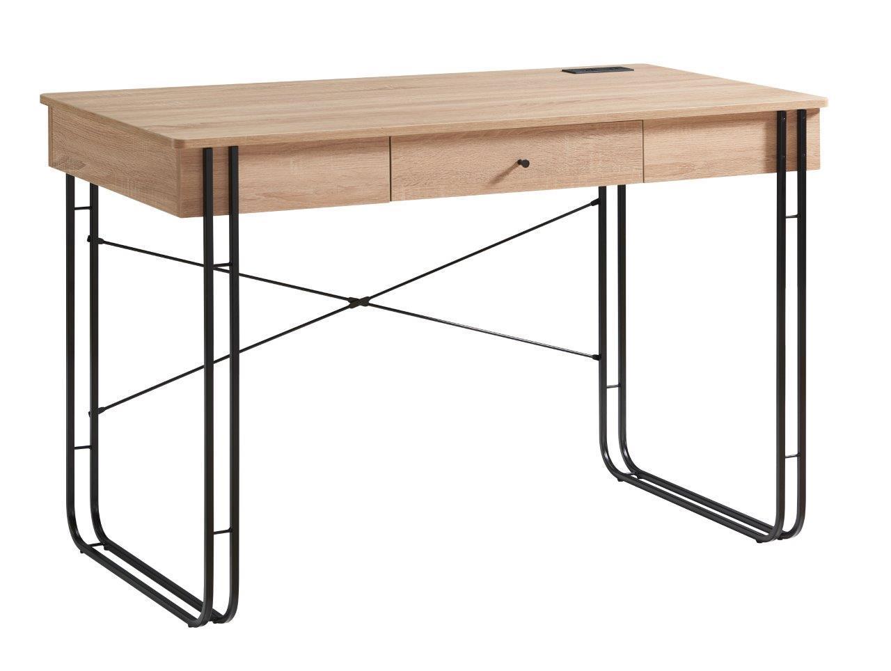 Computer Writing Desk with One Drawer Metal Legs and USB Outlet Port – Light Brown & Black