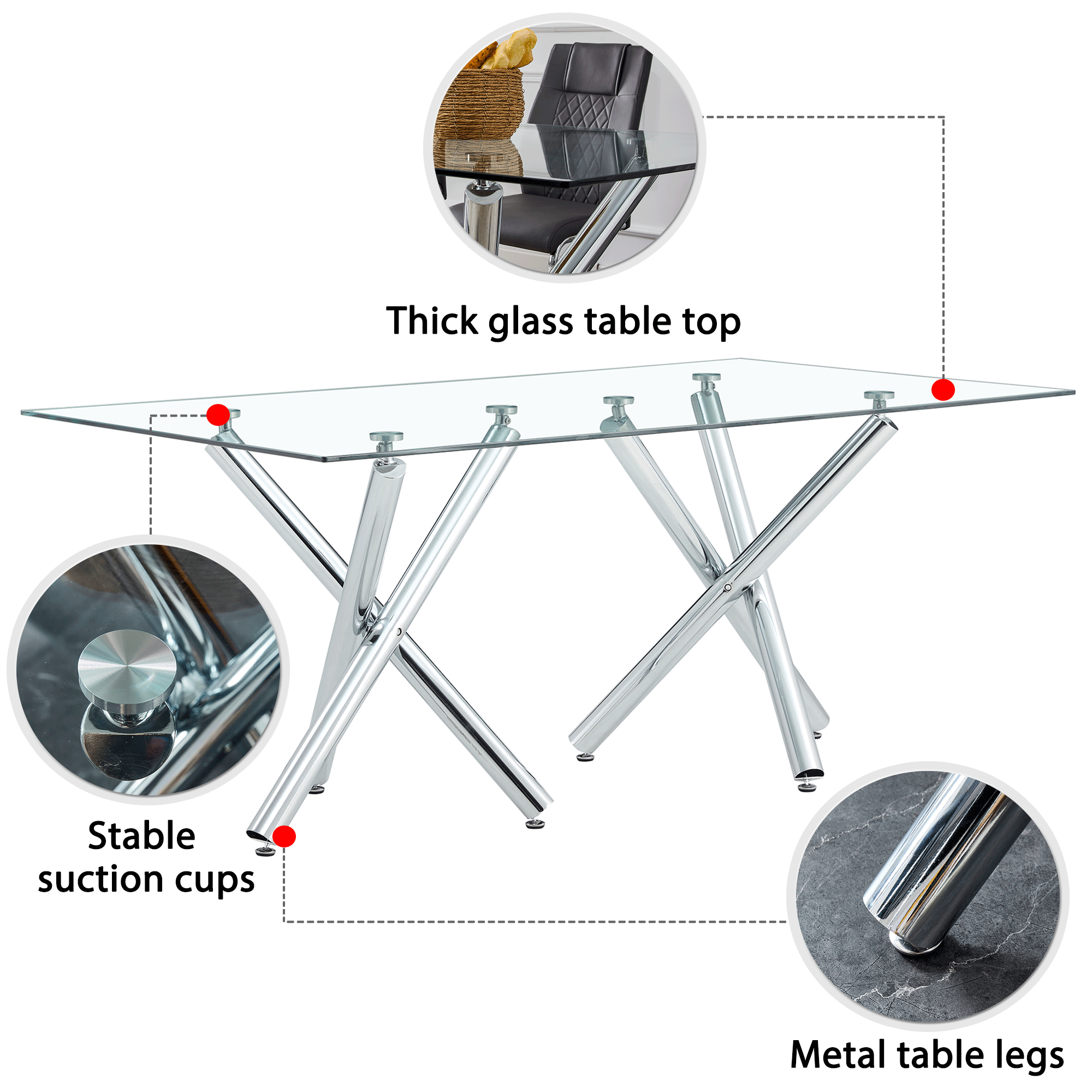 Modern Minimalist Rectangular Glass Dining Table for 6-8 with 0.39" Tempered Glass Tabletop and Silver Chrome Metal Legs