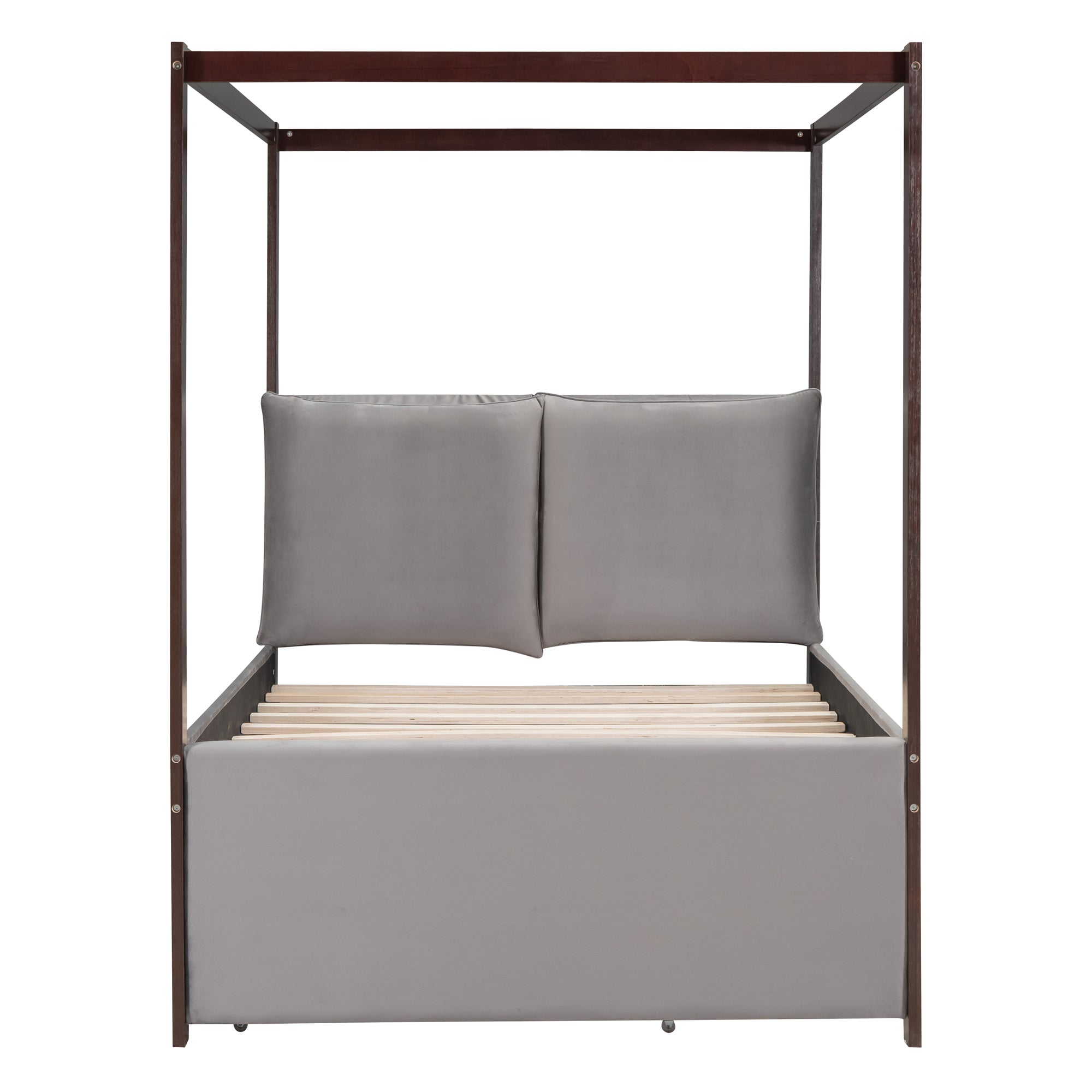 Full Size Upholstered  Canopy Bed with Trundle and 3 Drawers - Gray