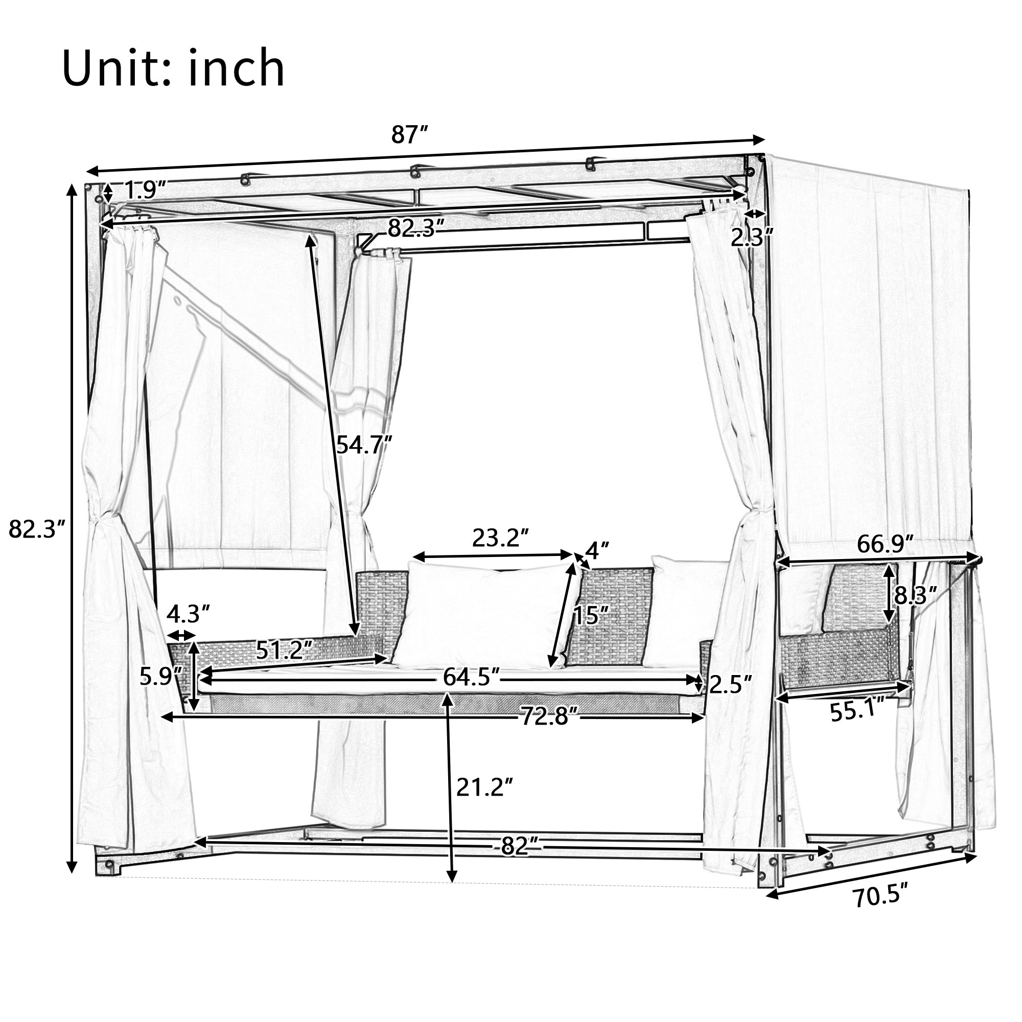 Outdoor Swing Bed for 2-3 People, Adjustable Curtains - Beige