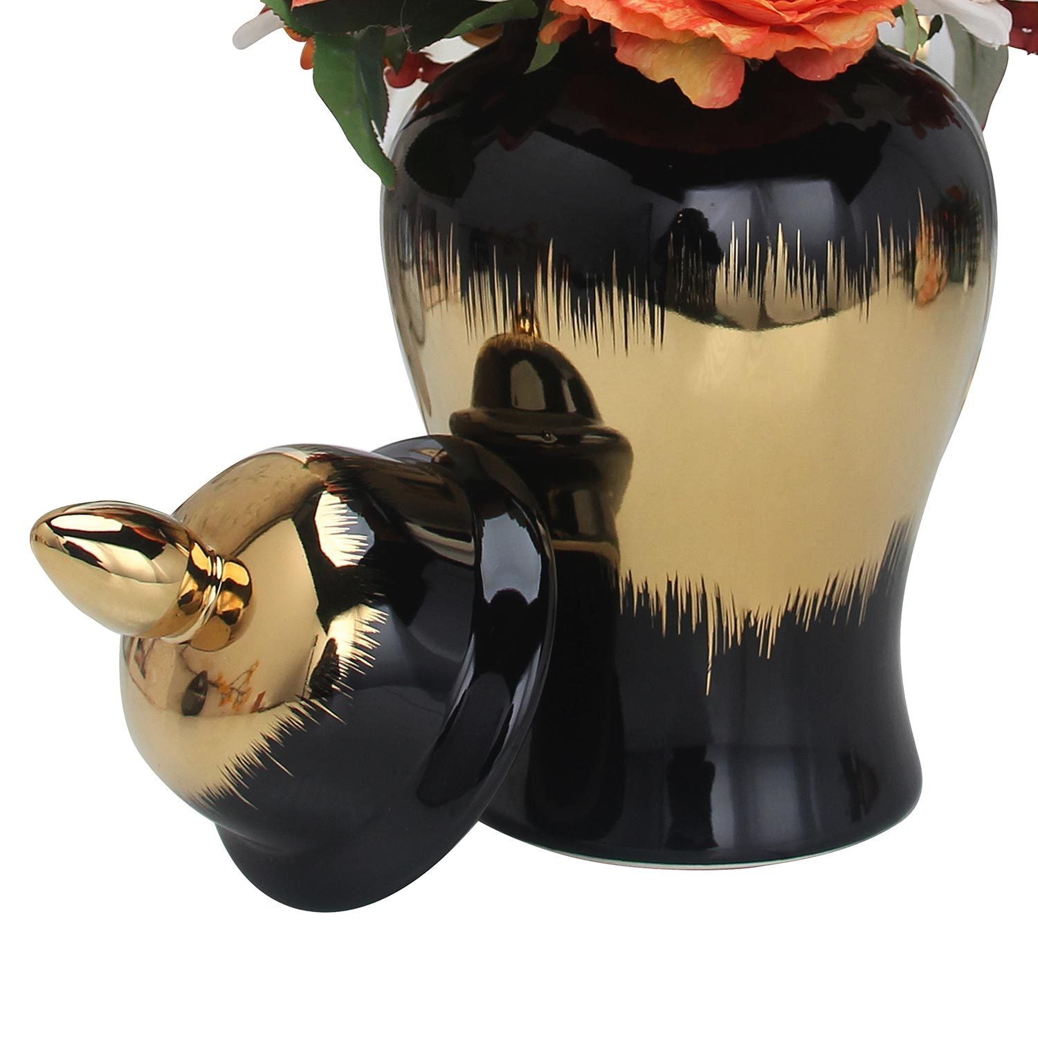 14"H Regal Black Gilded Ginger Jar with Removable Lid