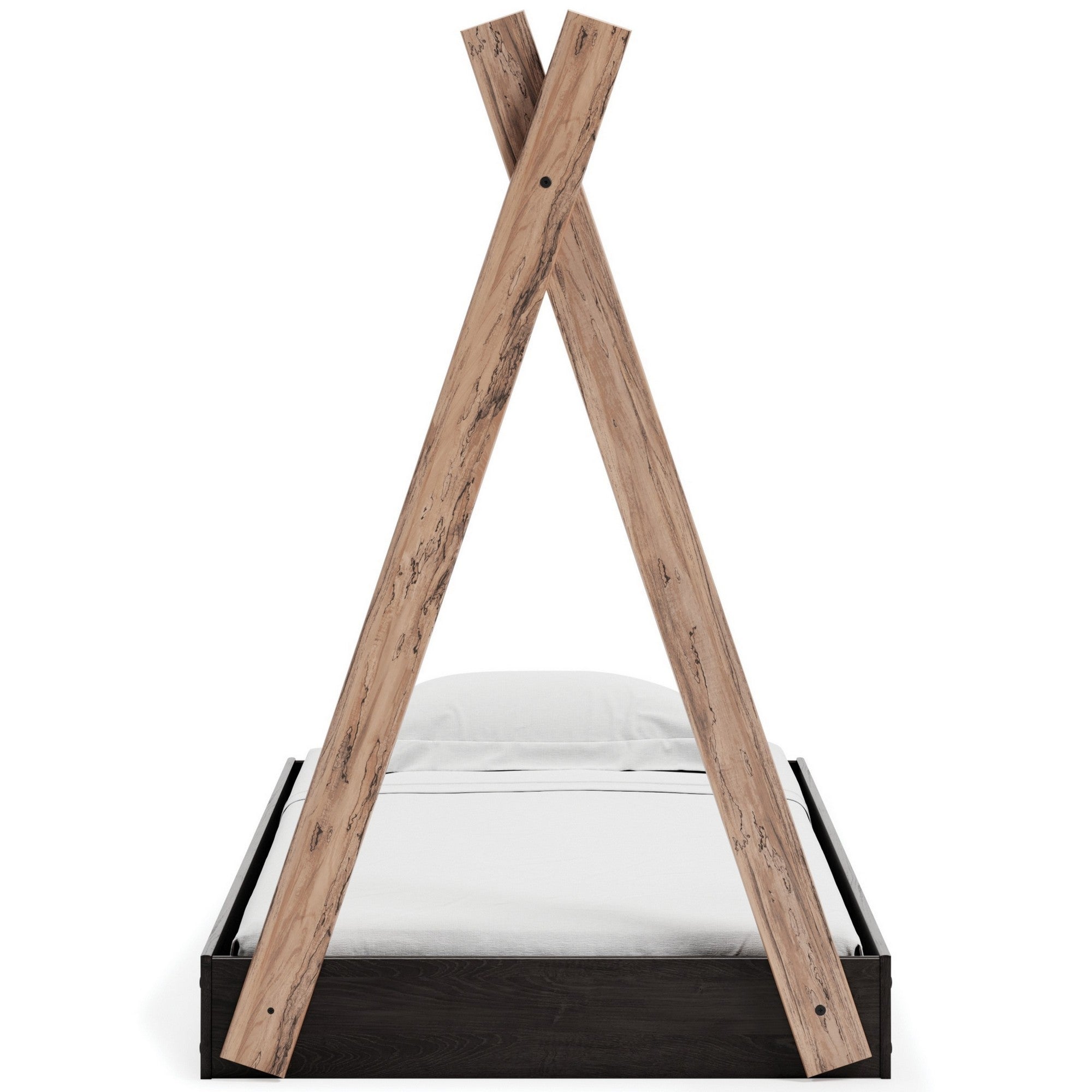 Modern Twin Size Bed, Crossed Wood A Frame Tent Stand, Jet Black Base