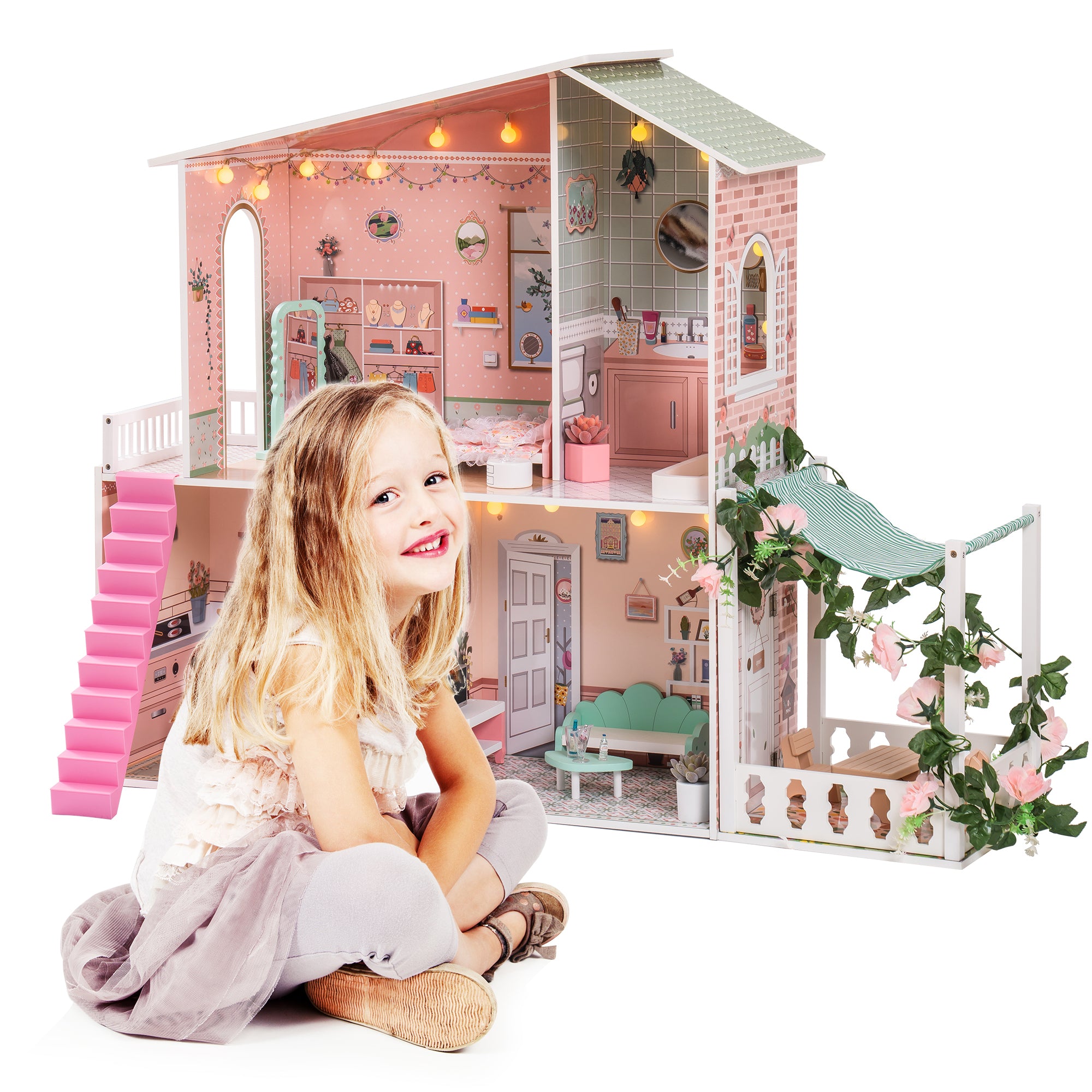 Stylish Dollhouse with Garden for 3+Kids - Green & Pink