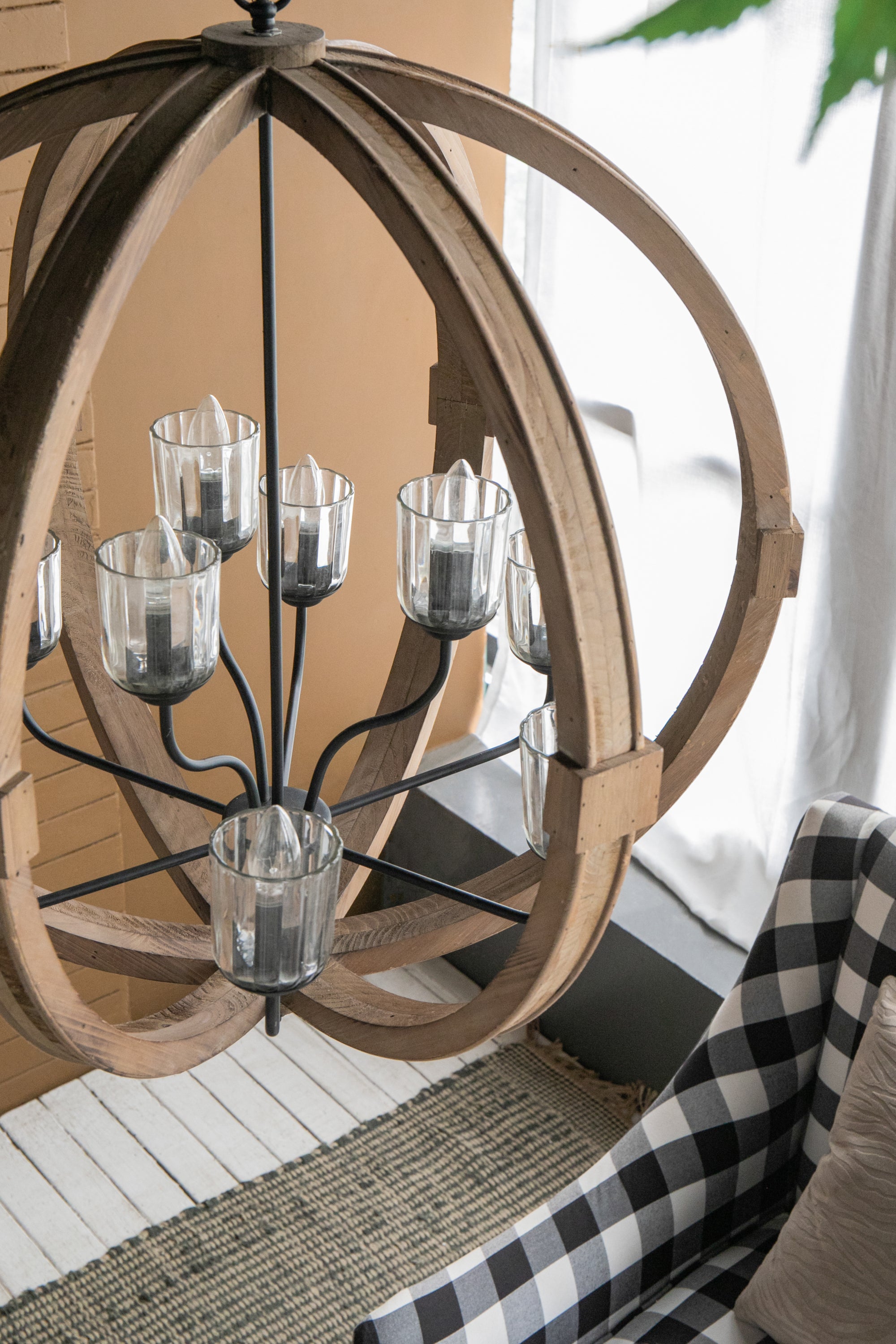 9- Light Globe Chandelier, Wood Chandelier Hanging Light Fixture with Adjustable Chain