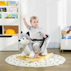 Wooden Rocking Horse, Husky Themed Rocking Animal for Baby, Animal Rocker Ride-On Toy for Kids 18+ Months with Realistic Sounds, Seat Belt, Gray