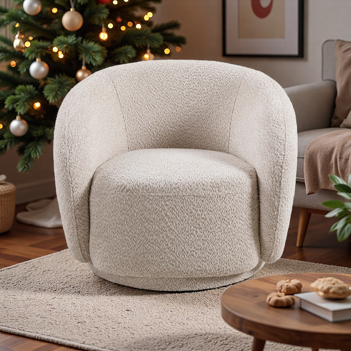 C3-2507, Swivel Accent Chair, Boucle Fabric Upholstered Barrel Chair, Single Sofa Single Armchair for Living Room