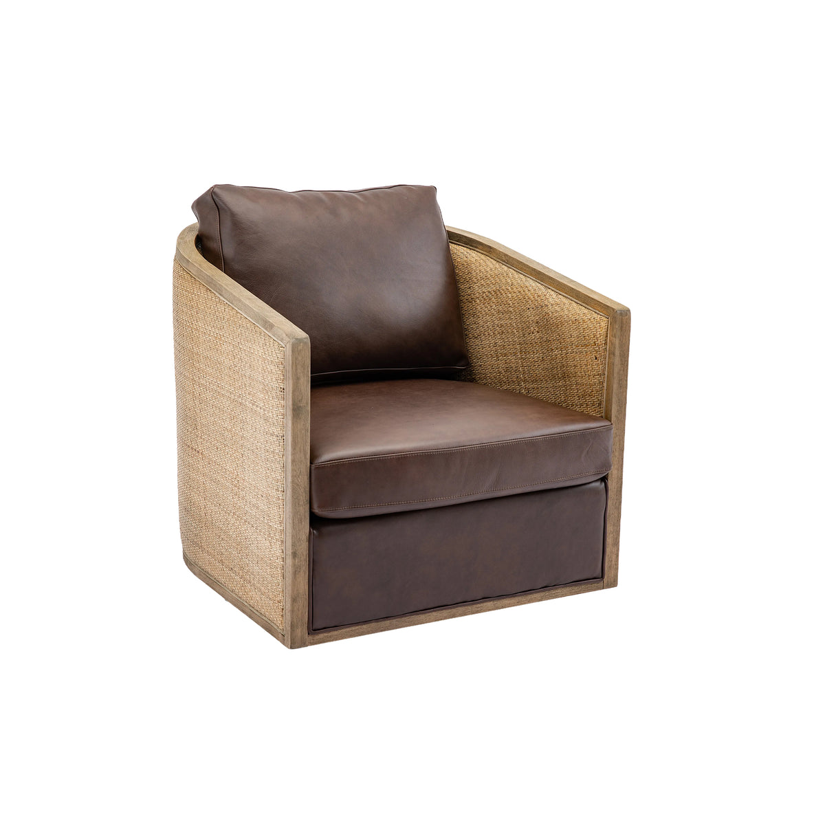 Swivel Barrel Chair, Comfy Round Accent Sofa Chair for Living Room, 360 Degree Swivel, Brown Boucle, Leather Upholstery