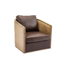 Swivel Barrel Chair, Comfy Round Accent Sofa Chair for Living Room, 360 Degree Swivel, Brown Boucle, Leather Upholstery