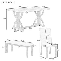 6-Piece Retro Rectangular Dining Table Set, Table with Unique Legs and 4 Upholstered Chairs & 1 Bench - Grey Wash