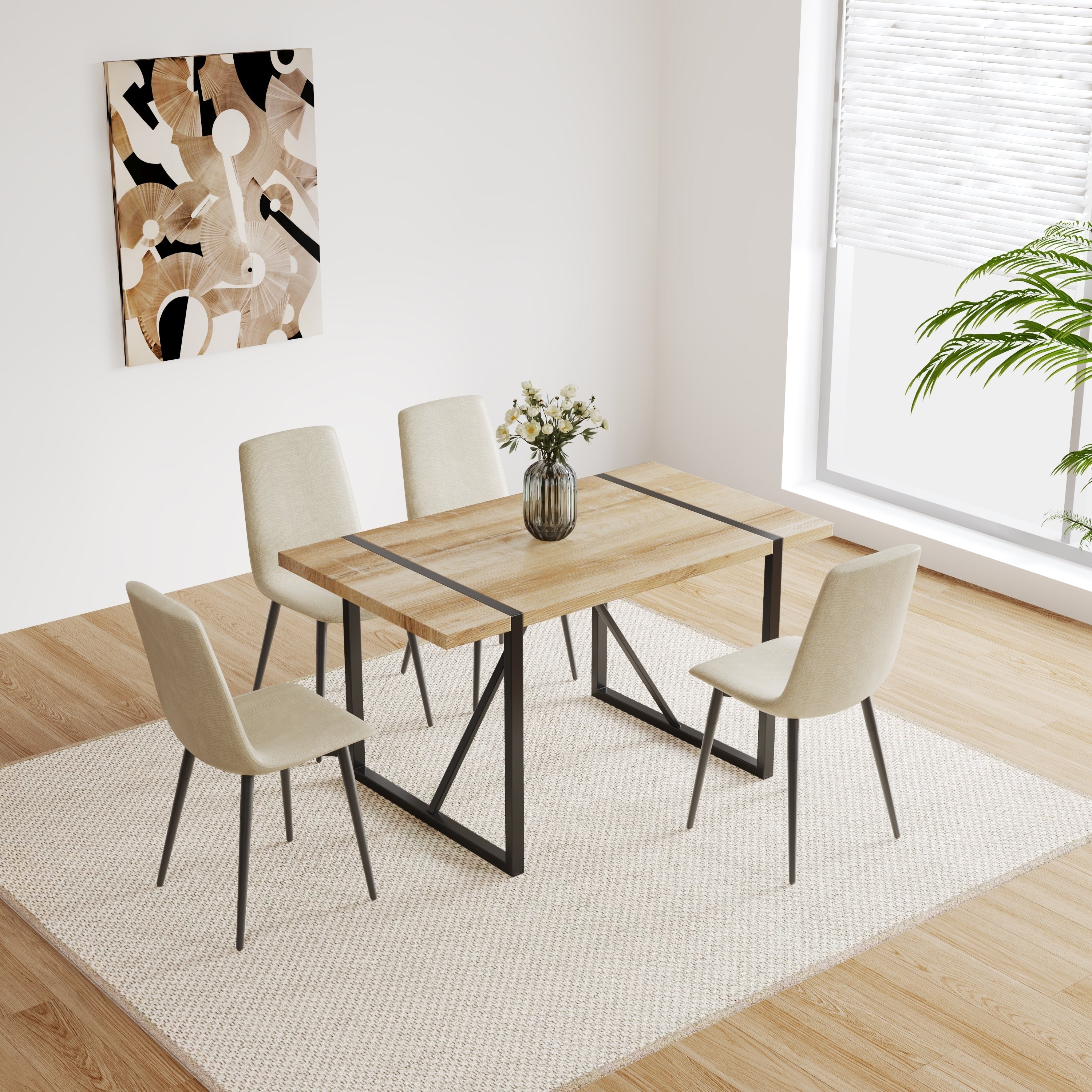 Set of 4 Modern Kitchen Dining Room Chairs, Cushion Seat and Sturdy Black Metal Legs - Beige