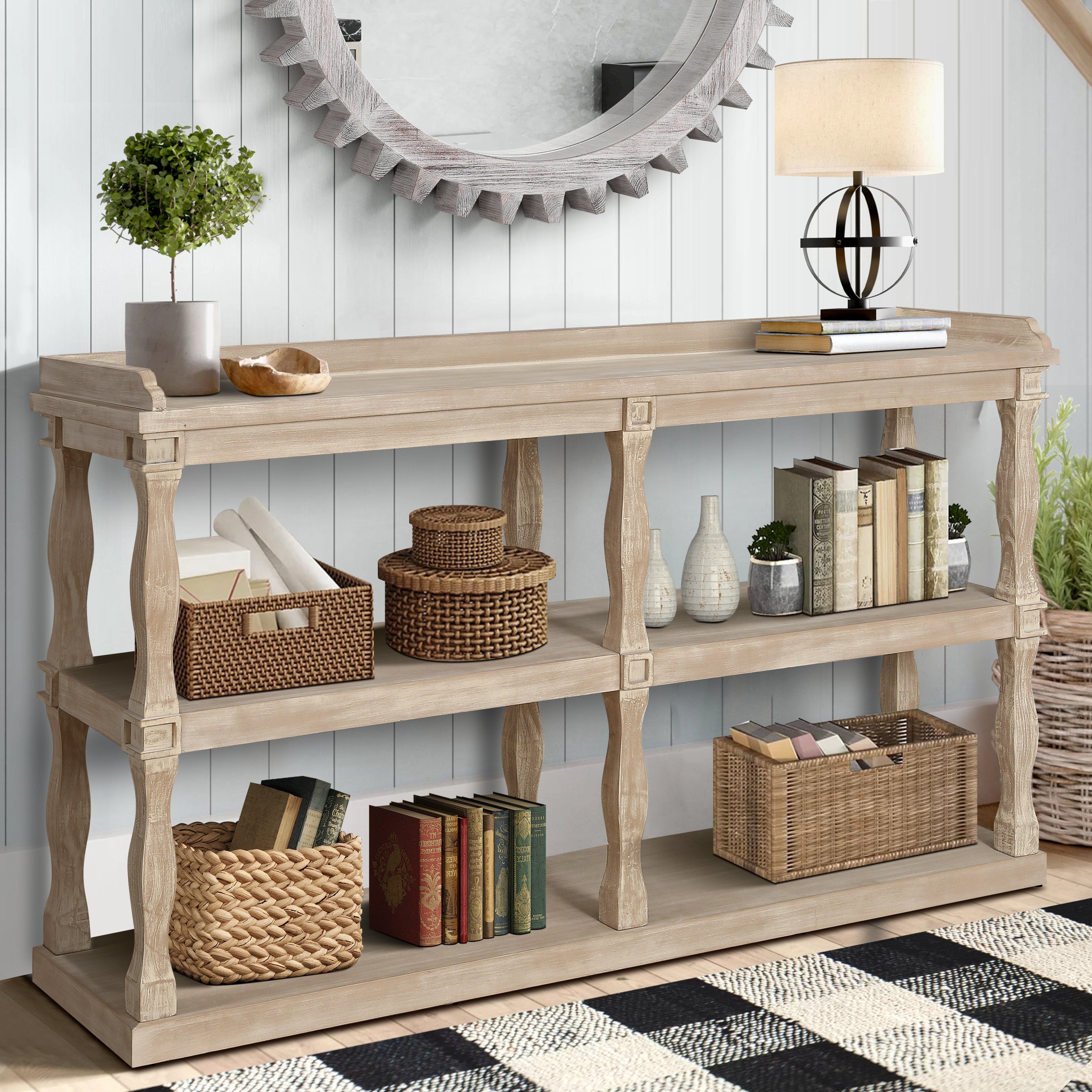 Console Table with 3-Tier Open Storage Spaces And Roman Column Effect Support Legs - Antique Wood+White