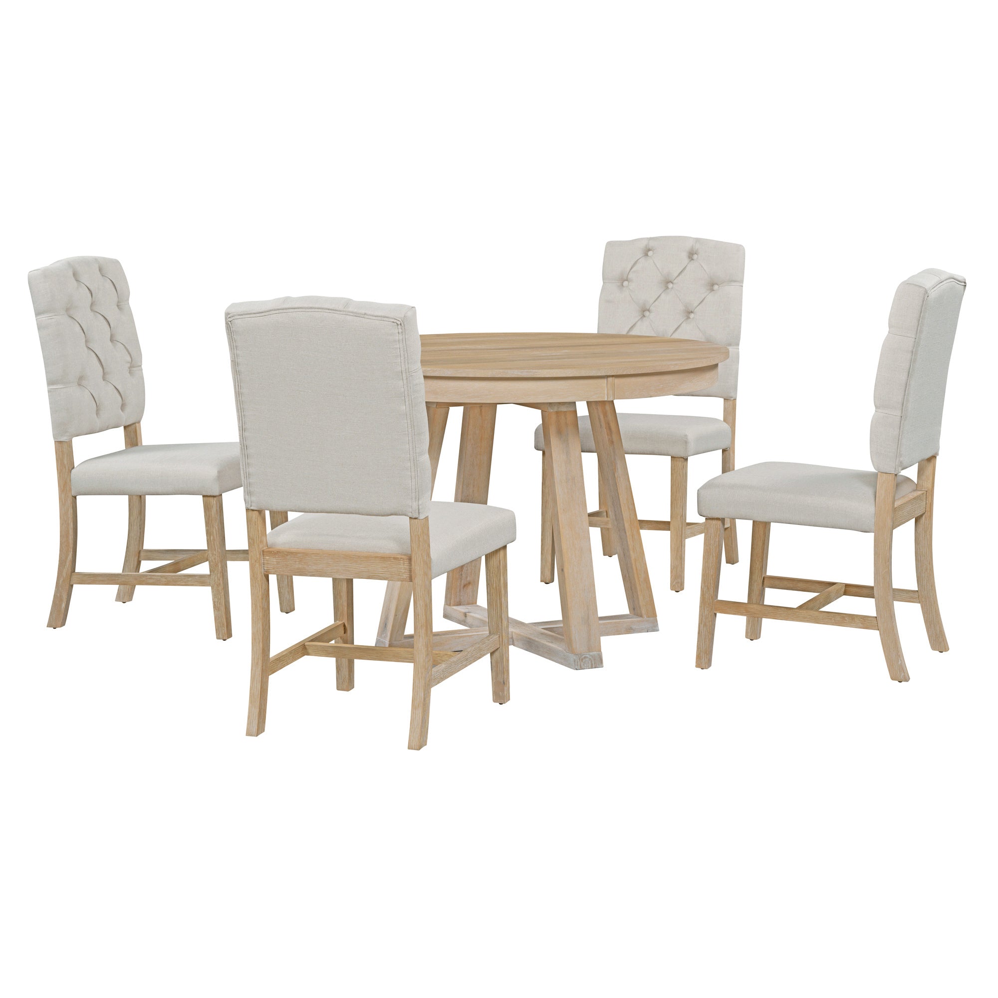 5-Piece Retro Functional Dining Set, Round Table with a 16"W Leaf and 4 Upholstered Chairs - Natural
